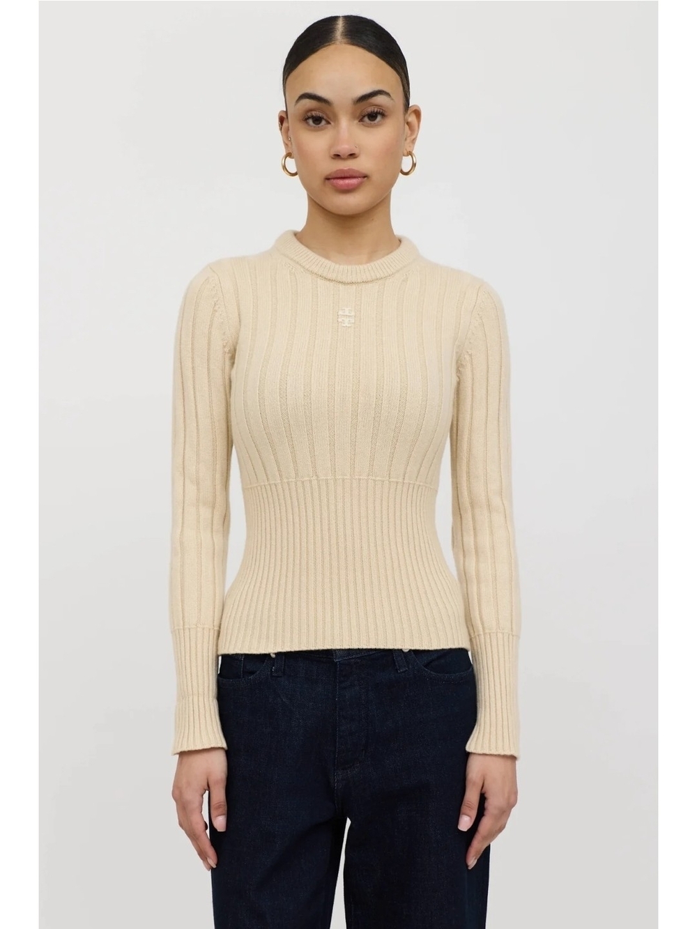 Tory Burch Cream 100% Cashmere Ribbed Knit Logo Crewneck Sweater Size S Small